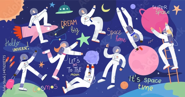 Fototapeta Set of funny astronauts traveling in space.