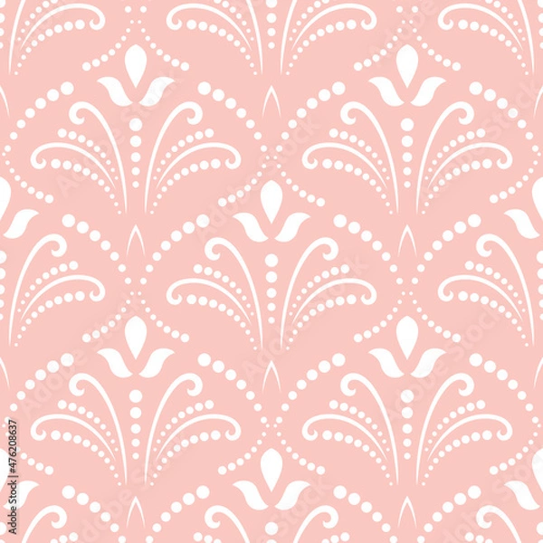 Fototapeta Floral pink and white ornament. Seamless abstract classic background with flowers. Pattern with repeating floral elements. Ornament for fabric, wallpaper and packaging