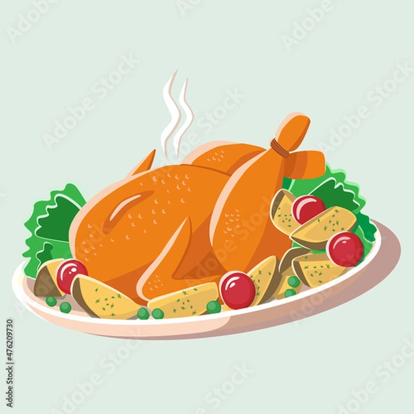 Fototapeta Baked poultry on a platter. Vector element isolated on white background.