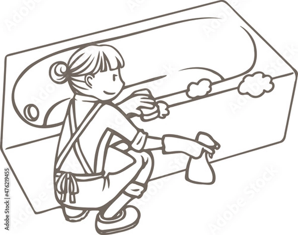 Obraz お風呂掃除をする女性の線画