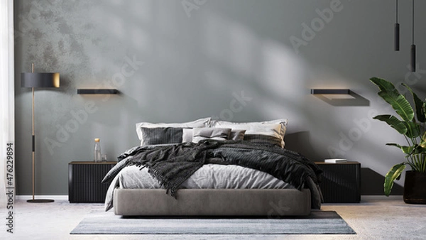 Fototapeta modern bedroom interior in gray tones, bedroom mock up, 3d rendering