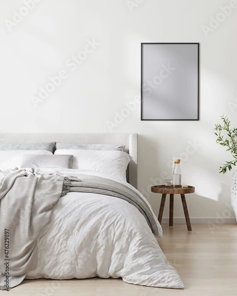 Fototapeta poster frame mock up in scandinavian style bedroom interior , 3d rendering