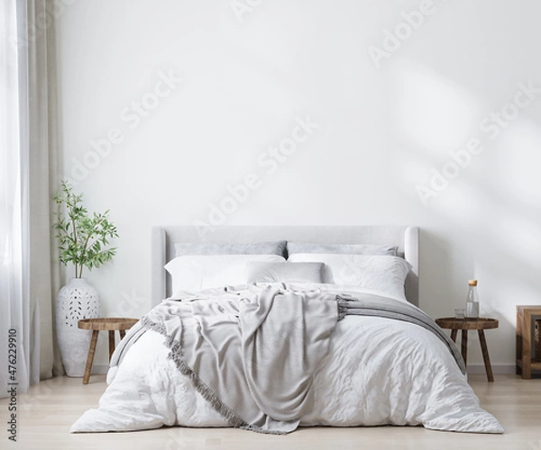 Fototapeta home interior, scandinavian style bedroom mock up, 3d rendering