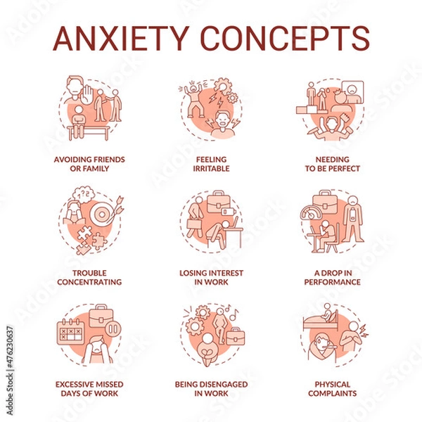 Fototapeta Anxiety terracotta concept icons set. Emotional reaction on stress. Mental health problem idea thin line color illustrations. Isolated outline drawings. Roboto-Medium, Myriad Pro-Bold fonts used
