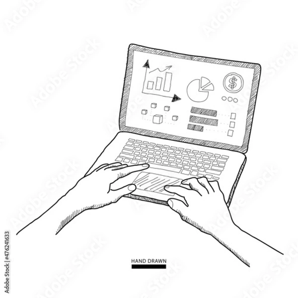 Obraz Human hands typing on keyboard. Work at home, remote work, freelance online job concept. Working on laptop vector sketch hand drawn illustration. Web banner or poster design elements
