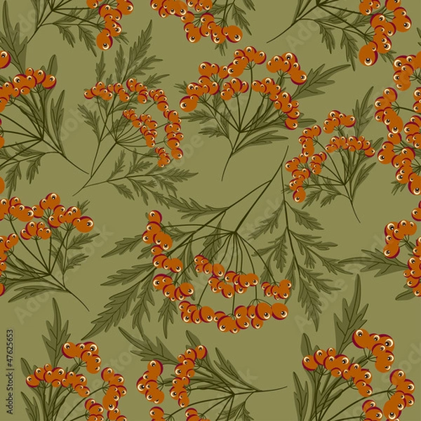 Obraz Seamless pattern with red berries and green leaves 
