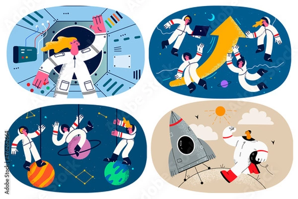 Fototapeta Set of astronauts in costumes discover space