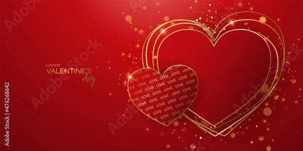 Fototapeta Valentines day sale vector banner. Sale discount for valentines day shopping promotion with red , gold hearts elements on red background. Vector illustration. 3D realistiс design with podium and gift