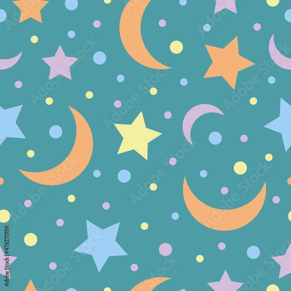 Fototapeta Pattern. Bright children s seamless pattern with the image of multi-colored moon and stars. Night pattern with a crescent moon and stars, for print and gift wrapping. Vector