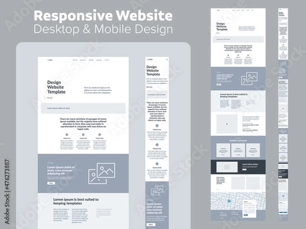 Fototapeta Website design. Responsive desktop and mobile wireframe. Landing page template.