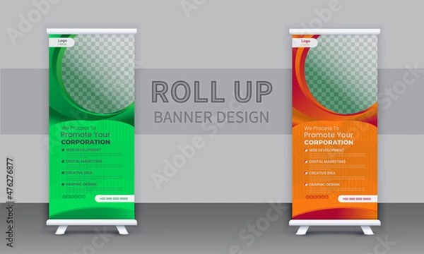 Fototapeta Corporate Roll-up banner stands template design, business concept. advertisement, pull-up design, vector illustration, display, modern x-banner.