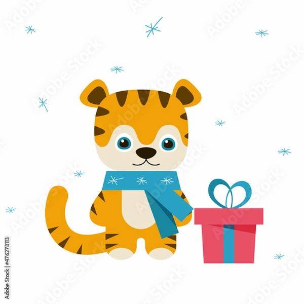 Fototapeta Cute cartoon tiger with gift and snow on white background. Symbol of new year. Vector illustration for postcard, banner, decor, design, arts, web, calendar, advirtising.