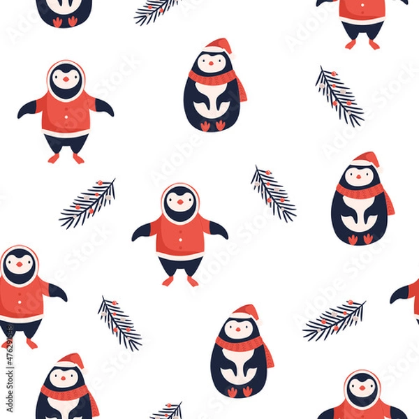 Fototapeta Vector seamless pattern with cute funny penguins