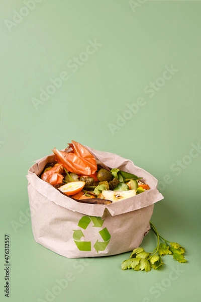 Obraz Sorted kitchen waste in paper eco bag on green background. Compost-container. Sustainable life style. Vegetable and fruit peels, scraps from food preparation collected in trash-pack for recycling
