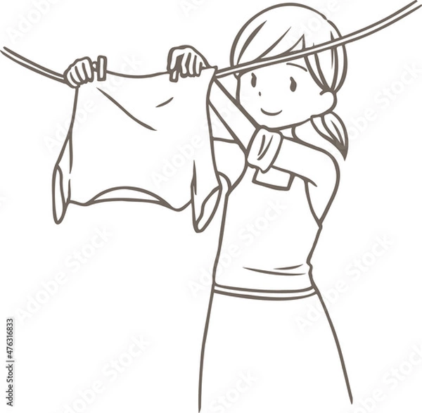 Obraz 洗濯物を干す女性の線画