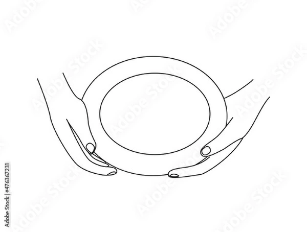 Fototapeta the girl's hands are holding a plate or saucer. View from above. Linear style illustration