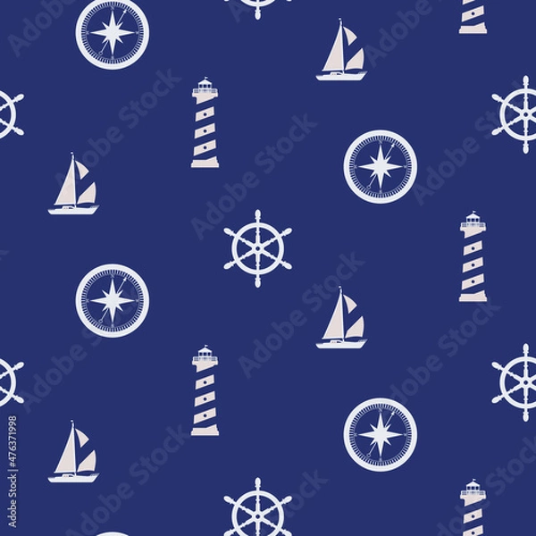 Fototapeta Seamless marine pattern. Lighthouse, sailboat, compass and steering wheel on a blue background. Color vector illustration. EPS10