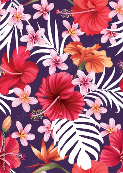 Fototapeta Seamless pattern of hibiscus flower with Plumeria background template. Vector set of floral element for tropical print, wedding invitations, greeting card, brochure, banners and fashion design.