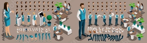 Fototapeta Isometric 3D girl and man bank employees, a set of hand and foot gestures, hairstyles, emotions to create your character. Create a group of unique characters. Set 5