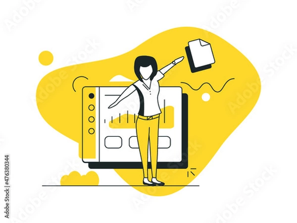 Fototapeta Character interacting with charts and analyzing statistics. Data visualization concept. Vector illustration to use in web and mobile app.