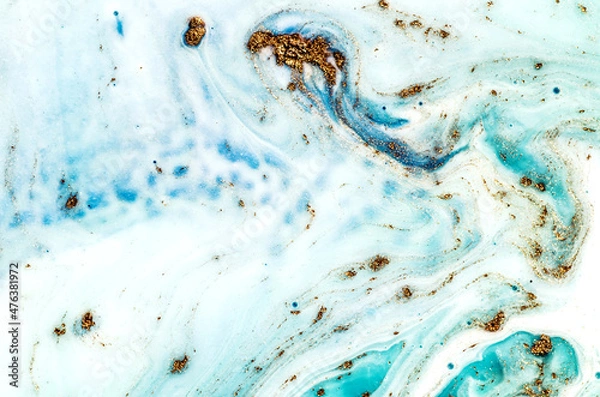 Fototapeta TIFFANY BLUE. Liquid marble pattern with bronze powder. Style incorporates the swirls of marble or the ripples of agate. Marbleized effect. Natural Luxury. Ancient oriental drawing technique. 