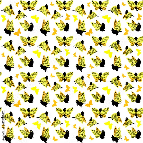 Obraz seamless pattern with butterfly cats, fantasy