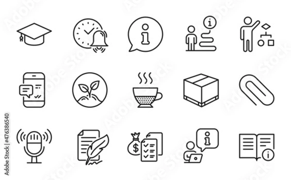 Fototapeta Line icons set. Included icon as Smartphone notification, Paper clip, Graduation cap signs. Doppio, Feather signature, Accounting wealth symbols. Alarm bell, Algorithm, Microphone. Startup. Vector