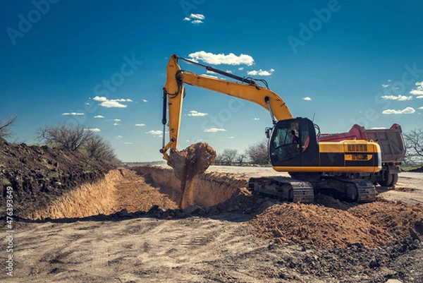 Fototapeta The excavator does earthwork. Digging a pit.