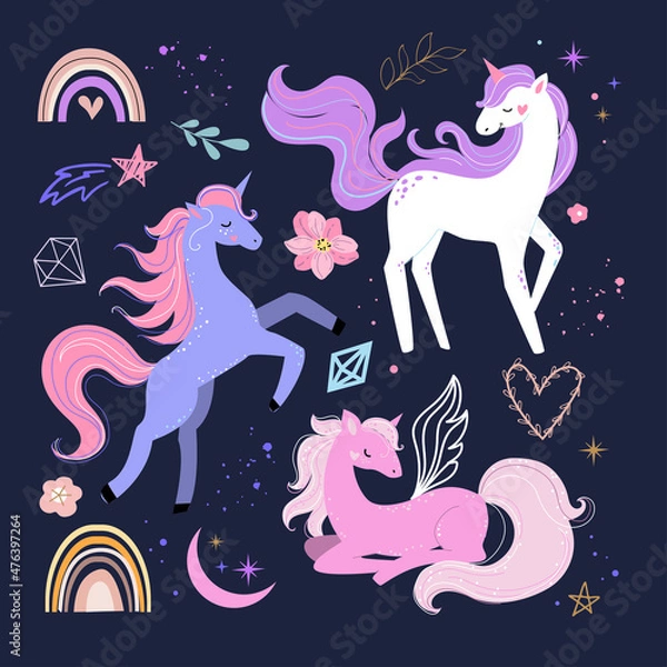 Fototapeta Cute unicorns collection and rainbow in boho style. Vector illustration for t-shirt design, nursery for kids