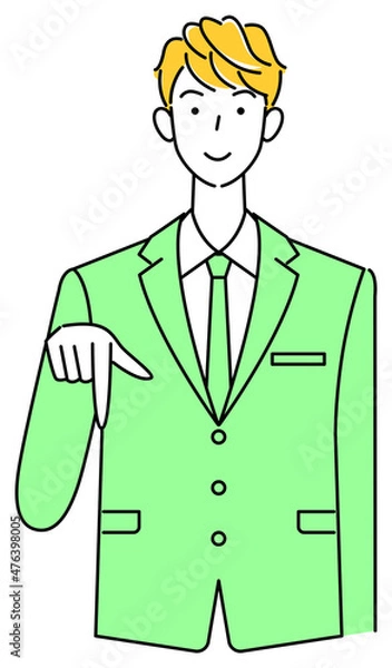 Fototapeta 笑顔で下の方向を指で指しているスーツ姿の可愛いい男性 ビジネスパーソン イラスト ベクター