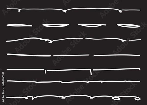 Fototapeta Lines hand drawn vector set isolated on black background. Collection of doodle lines, hand drawn template. Marker and grunge brush stroke lines, vector illustration