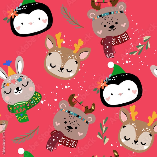 Obraz Christmas animal heads in doodle style seamless pattern on a red background. Deer, bunny, penguin and bear. Vector illustration