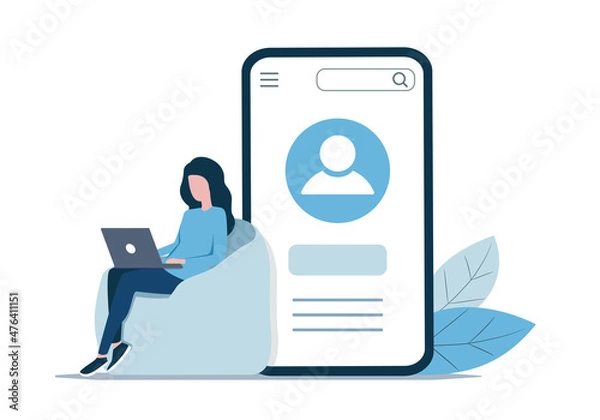 Obraz A person using mobile application. Colored vector flat illustration. Isolated on white background.