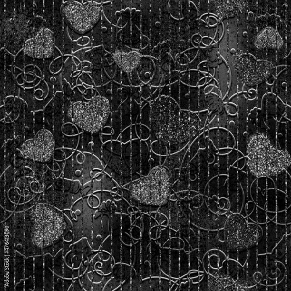 Fototapeta Seamless texture. Hearts.Abstract dark illustration with glitter. Richly decorated with gold and silver. A velvety glow. For postcards, fabric and scrapbooking paper.For Christmas and parties.
