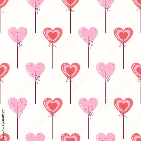 Fototapeta Heart shaped lollipop. Background with sweet candies. Valentine's Day seamless pattern.
