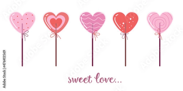 Fototapeta Set of lollipops in the form of hearts. Valentine's Day illustration