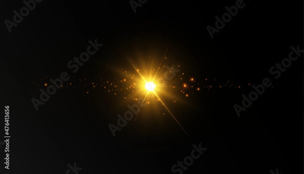 Obraz Bright yellow light effect with rays and highlights for vector illustration.