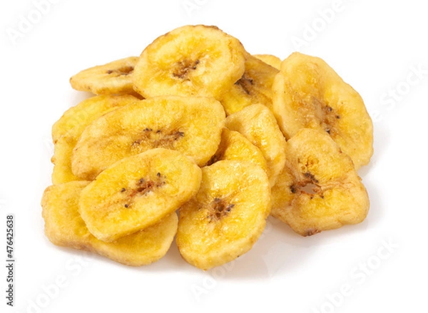 Obraz Banana chips isolated on white background. Healthy alternative snack.