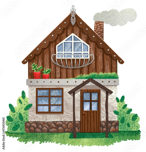 Fototapeta Drawing of a cozy private two-storey house in the style of a chalet