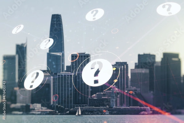 Fototapeta Abstract virtual question mark hologram on San Francisco cityscape background, future technology concept. Multi exposure