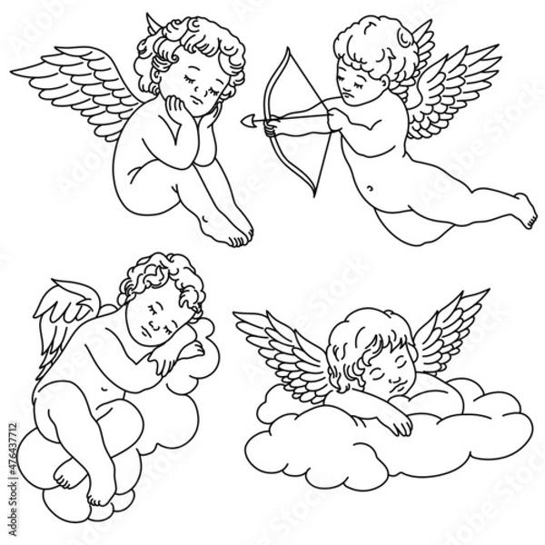 Fototapeta 4 cherub outlines and line art for valentines day with cupid vector