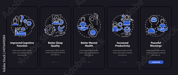 Fototapeta Waking up early benefits night mode onboarding mobile app screen. Energy walkthrough 5 steps graphic instructions pages with linear concepts. UI, UX, GUI template. Myriad Pro-Bold, Regular fonts used