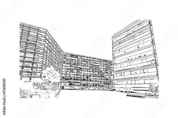 Fototapeta Building view with landmark of Le Havre is the 
commune in France. Hand drawn sketch illustration in vector.