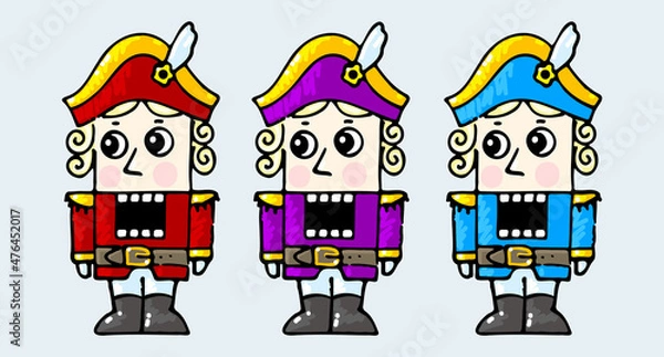 Fototapeta A set of colourful nutcrackers, doodle style. Vector illustration in red, yellow, blue, purple tones.
