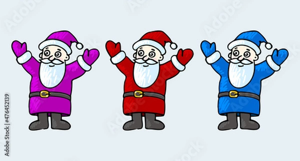 Fototapeta Set of multicoloured Santaclauses, doodle style. New Year vector illustration. Picture is in red, yellow, blue, purple tones.