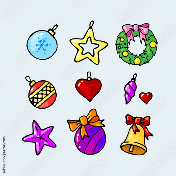 Fototapeta Set of Christmas tree toys, doodle style. Colorful vector illustration.