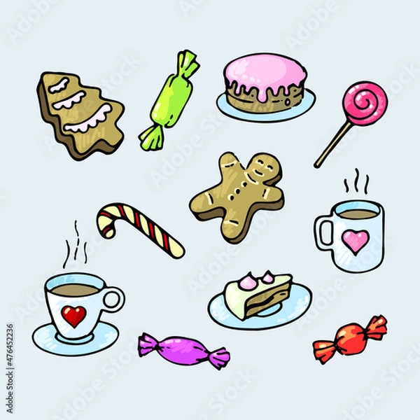 Fototapeta Set of holiday sweets, doodle style. Minimalistic colorful vector illustration.