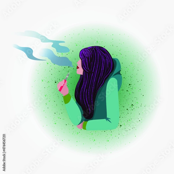 Obraz Vector drawing. Circle shape. A young girl with bright hair smokes an electronic cigarette. Vape. Vaper. Harm and benefit.