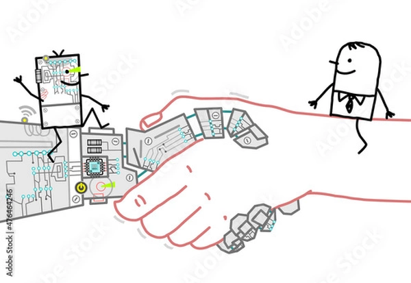 Fototapeta Cartoon Businessman and Robot Meeting on a big Handshake