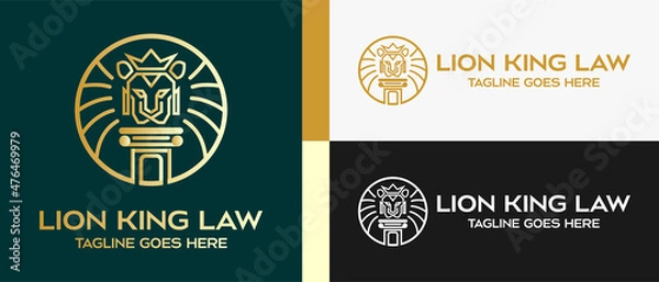 Fototapeta law pillar and lion head logo design template with crown in luxury outline. vector illustration